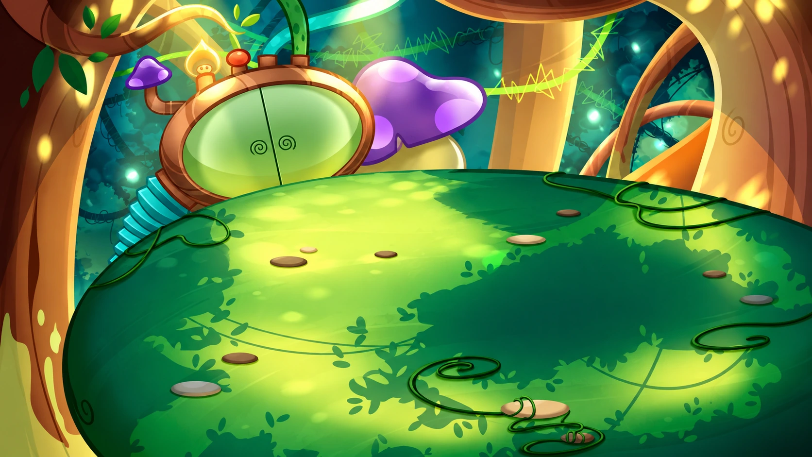 Jungle room with a green doorway, mushrooms and vines in BoomBang
