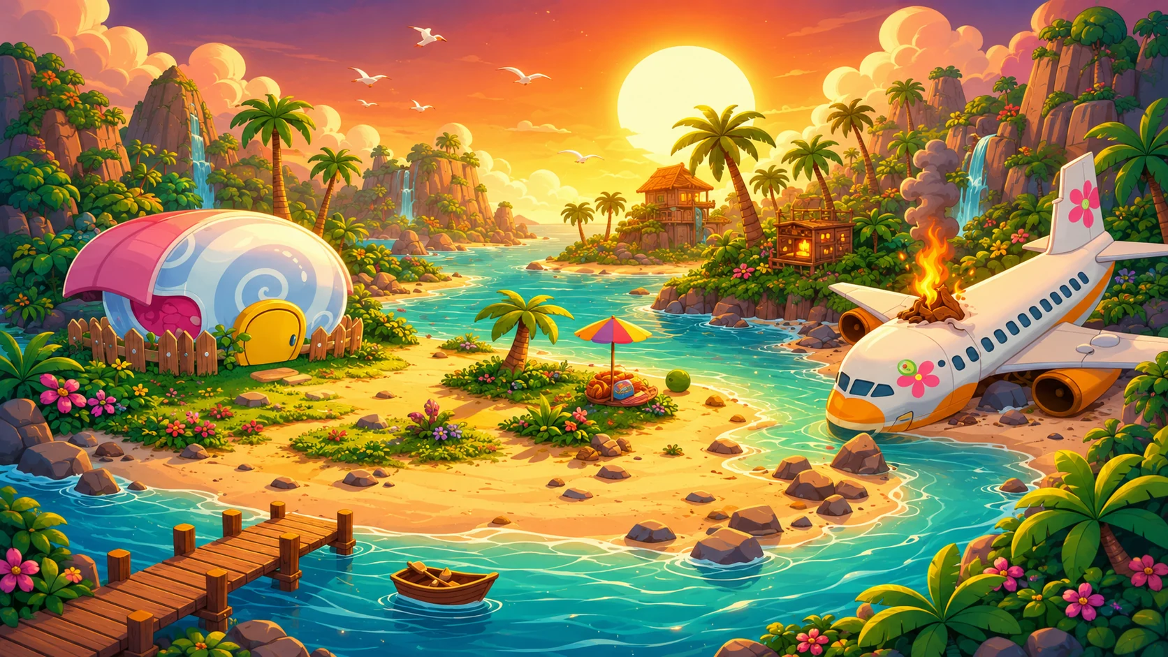 Tropical BoomBang bay at sunset with volcanoes, palms and a spaceship